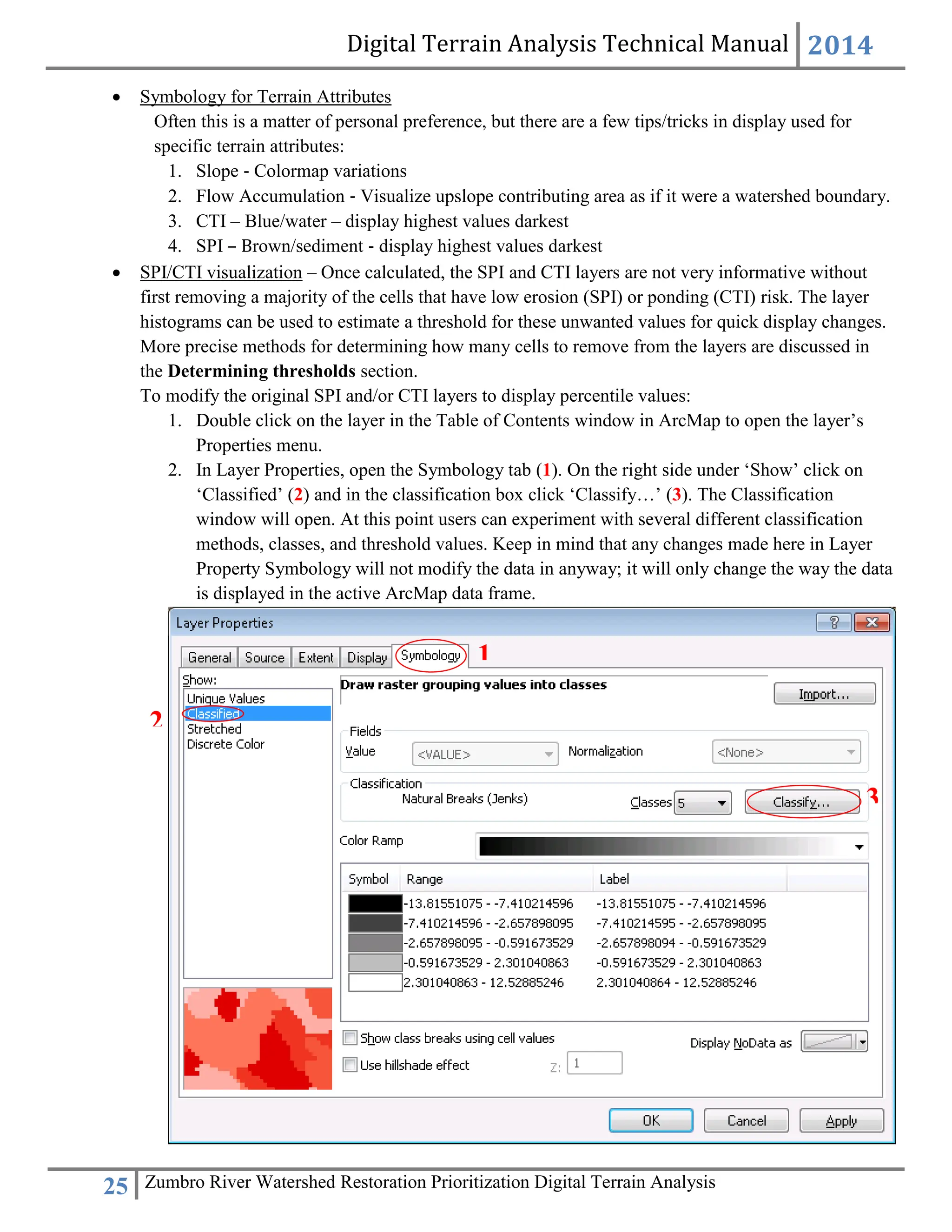 Digital Terrain Analysis Technical Manual 2014
25 Zumbro River Watershed Restoration Prioritization Digital Terrain Analysis
 Symbology for Terrain Attributes
Often this is a matter of personal preference, but there are a few tips/tricks in display used for
specific terrain attributes:
1. Slope ‐ Colormap variations
2. Flow Accumulation ‐ Visualize upslope contributing area as if it were a watershed boundary.
3. CTI – Blue/water – display highest values darkest
4. SPI – Brown/sediment ‐ display highest values darkest
 SPI/CTI visualization – Once calculated, the SPI and CTI layers are not very informative without
first removing a majority of the cells that have low erosion (SPI) or ponding (CTI) risk. The layer
histograms can be used to estimate a threshold for these unwanted values for quick display changes.
More precise methods for determining how many cells to remove from the layers are discussed in
the Determining thresholds section.
To modify the original SPI and/or CTI layers to display percentile values:
1. Double click on the layer in the Table of Contents window in ArcMap to open the layer’s
Properties menu.
2. In Layer Properties, open the Symbology tab (1). On the right side under ‘Show’ click on
‘Classified’ (2) and in the classification box click ‘Classify…’ (3). The Classification
window will open. At this point users can experiment with several different classification
methods, classes, and threshold values. Keep in mind that any changes made here in Layer
Property Symbology will not modify the data in anyway; it will only change the way the data
is displayed in the active ArcMap data frame.
1
2
3
 