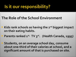 The Role of the School Environment Kids rank schools as having the 2 nd  biggest impact on their eating habits. Parents ranked 1 st,   TV 3 rd .  (Health Canada, 1995) Students, on an average school day, consume about one-third of their calories at school, and a significant amount of that is purchased on site. 