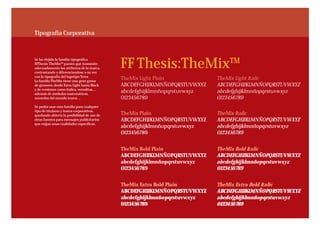 Tipografía Corporativa




                                               FF Thesis:TheMix™
Se ha elejido la familia tipográfica
FFThesis: TheMix™ puesto que transmite
adecuadamente los atributos de la marca,
contrastando y diferenciandose a su vez
con la tipografía del logotipo Terra.
La familia TheMix tiene una gran gama
                                               TheMix Light Plain            TheMix Light Italic
de grosores, desde Extra Light hasta Black     ABCDEFGHIJKLMNÑOPQRSTUVWXYZ   ABCDEFGHIJKLMNÑOPQRSTUVWXYZ
y de versiones como italica, versalitas, ...
además de símbolos matemáticos,
                                               abcdefghijklmnñopqrstuvwxyz   abcdefghijklmnñopqrstuvwxyz
monedas del mundo (euro), ...                  0123456789                    0123456789
Se podrá usar esta familia para cualquier
tipo de titulares y textos corporativos,
quedando abierta la posibilidad de uso de      TheMix Plain                  TheMix Italic
otras fuentes para mensajes publicitarios      ABCDEFGHIJKLMNÑOPQRSTUVWXYZ   ABCDEFGHIJKLMNÑOPQRSTUVWXYZ
que exijan unas cualidades específicas.
                                               abcdefghijklmnñopqrstuvwxyz   abcdefghijklmnñopqrstuvwxyz
                                               0123456789                    0123456789


                                               TheMix Bold Plain             TheMix Bold Italic
                                               ABCDEFGHIJKLMNÑOPQRSTUVWXYZ   ABCDEFGHIJKLMNÑOPQRSTUVWXYZ
                                               abcdefghijklmnñopqrstuvwxyz   abcdefghijklmnñopqrstuvwxyz
                                               0123456789                    0123456789


                                               TheMix Extra Bold Plain       TheMix Extra Bold Italic
                                               ABCDEFGHIJKLMNÑOPQRSTUVWXYZ   ABCDEFGHIJKLMNÑOPQRSTUVWXYZ
                                               abcdefghijklmnñopqrstuvwxyz   abcdefghijklmnñopqrstuvwxyz
                                               0123456789                    0123456789
 