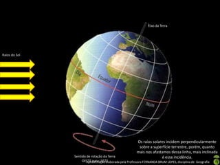 Eixo da Terra




Raios do Sol




                                                        Os raios solares incidem perpendicularmente
                                                         sobre a superfície terrestre, porém, quanto
                                                        mais nos afastamos dessa linha, mais inclinada
               Sentido de rotação da Terra                            é essa incidência.
                    OESTE para LESTE
                       Apresentação elaborada pela Professora FERNANDA BRUM LOPES, disciplina de Geografia
 