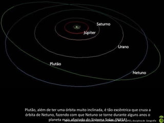 Plutão, além de ter uma órbita muito inclinada, é tão excêntrica que cruza a
órbita de Netuno, fazendo com que Netuno se torne durante alguns anos o
              planeta mais afastado dopela ProfessoraSolar. (NASA) disciplina de Geografia
                       Apresentação elaborada Sistema FERNANDA BRUM LOPES,
 