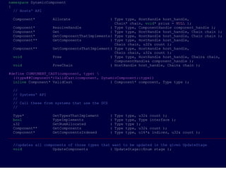 namespace DynamicComponent
{
  // Hosts' API

 Component*        Allocate                  ( Type type, HostHandle host_handle,
                                               Chain* chain, void* prius = NULL );
 Component*        ResolveHandle             ( Type type, ComponentHandle component_handle );
 Component*        Get                       ( Type type, HostHandle host_handle, Chain chain );
 Component*        GetComponentThatImplements( Type type, HostHandle host_handle, Chain chain );
 Component**       GetComponents             ( Type type, HostHandle host_handle,
                                               Chain chain, u32& count );
 Component**       GetComponentsThatImplement( Type type, HostHandle host_handle,
                                               Chain chain, u32& count );
 void              Free                      ( Type type, HostHandle host_handle, Chain& chain,
                                               ComponentHandle& component_handle );
 void              FreeChain                 ( HostHandle host_handle, Chain& chain );

#define COMPONENT_CAST(component, type) 
  ((type##Component*)ValidCast(component, DynamicComponent::type))
  inline Component* ValidCast                 ( Component* component, Type type );

 //
 // Systems' API
 //
 // Call these from systems that use the DCS
 //

  Type*             GetTypesThatImplement     ( Type type, u32& count );
  bool              TypeImplements            ( Type type, Type interface );
  u32               GetNumAllocated           ( Type type );
  Component**       GetComponents             ( Type type, u32& count );
  Component*        GetComponentsIndexed      ( Type type, u16*& indices, u32& count );
___________________________________________________________________________________________________

 //updates all components of those types that want to be updated in the given UpdateStage
 void              UpdateComponents          ( UpdateStage::Enum stage );
 