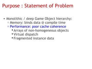 Purpose : Statement of Problem

• Monolithic / deep Game Object hierarchy:
  o Memory: binds data @ compile time
  o Performance: poor cache coherence
      Arrays of non-homogeneous objects
      Virtual dispatch
      Fragmented instance data
 