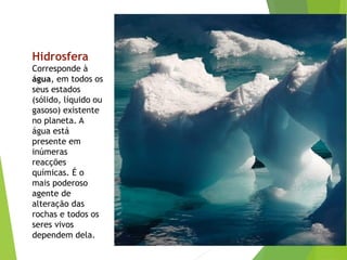 Hidrosfera
Corresponde à
água, em todos os
seus estados
(sólido, líquido ou
gasoso) existente
no planeta. A
água está
presente em
inúmeras
reacções
químicas. É o
mais poderoso
agente de
alteração das
rochas e todos os
seres vivos
dependem dela.
 