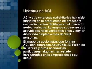 Historia de ACIACI y sus empresas subsidiarias han sido pioneras en la producción de proceso y comercialización de tilapia en el mercado norteamericano. La empresa comenzó sus actividades hace veinte tres años y hoy en día brinda empleo a más de 1300 personas.El grupo de accionistas que forman ACI, son empresas AquaChile, El Pelón de la Bahura y otros accionistas particulares, algunas han estado involucradas en la empresa desde su inicio.