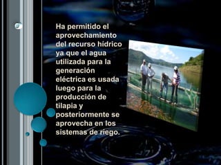 Ha permitido el aprovechamiento del recurso hídrico ya que el agua utilizada para la generación eléctrica es usada luego para la producción de tilapia y posteriormente se aprovecha en los sistemas de riego.