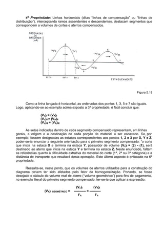 4ª Propriedade: Linhas horizontais (ditas “linhas de compensação” ou “linhas de
distribuição”), interceptando ramos ascendentes e descendentes, destacam segmentos que
correspondem a volumes de cortes e aterros compensados.
Figura 5.18
Como a linha lançada é horizontal, as ordenadas dos pontos 1, 3, 5 e 7 são iguais.
Logo, aplicando-se ao exemplo acima exposto a 3ª propriedade, é fácil concluir que:
(Vc)I = (VA)I
(Vc)II = (VA)II
(Vc)III = (VA)III
As setas indicadas dentro de cada segmento compensado representam, em linhas
gerais, a origem e a destinação de cada porção de material a ser escavado. Se, por
exemplo, fossem designadas as estacas correspondentes aos pontos 1, 2 e 3 por X, Y e Z,
poder-se-ia enunciar a seguinte orientação para o primeiro segmento compensado: “o corte
que inicia na estaca X e termina na estaca Y, possuidor de volume (Vc)I = (2) - (1), será
destinado ao aterro que inicia na estaca Y e termina na estaca Z. Neste enunciado, faltam
as referências quanto à dificuldade extrativa do material do corte (1ª, 2ª ou 3ª categoria) e a
distância de transporte que resultará desta operação. Este último aspecto é enfocado na 6ª
propriedade.
Ressalta-se, neste ponto, que os volumes de aterros utilizados para a construção do
diagrama devem ter sido afetados pelo fator de homogeneização. Portanto, se fosse
desejado o cálculo do volume real de aterro (“volume geométrico”) para fins de pagamento,
no exemplo literal do primeiro segmento compensado, ter-se-ia que aplicar a expressão:
(Vc)I (VA)I
(VA)I GEOMÉTRICO = ----------- = ----------
Fh Fh
 