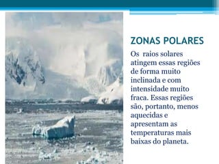 ZONAS POLARES
Os raios solares
atingem essas regiões
de forma muito
inclinada e com
intensidade muito
fraca. Essas regiões
são, portanto, menos
aquecidas e
apresentam as
temperaturas mais
baixas do planeta.

 