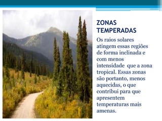 ZONAS
TEMPERADAS
Os raios solares
atingem essas regiões
de forma inclinada e
com menos
intensidade que a zona
tropical. Essas zonas
são portanto, menos
aquecidas, o que
contribui para que
apresentem
temperaturas mais
amenas.

 