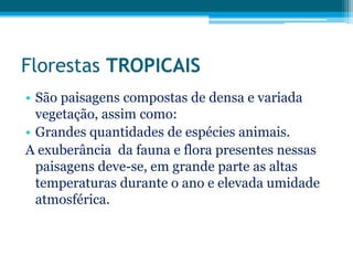 Florestas TROPICAIS
• São paisagens compostas de densa e variada
vegetação, assim como:
• Grandes quantidades de espécies animais.
A exuberância da fauna e flora presentes nessas
paisagens deve-se, em grande parte as altas
temperaturas durante o ano e elevada umidade
atmosférica.

 