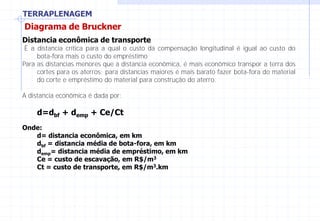 TERRAPLENAGEM
Diagrama de Bruckner
Distancia econômica de transporte
È a distancia crítica para a qual o custo da compensação longitudinal é igual ao custo do
bota-fora mais o custo do empréstimo
Para as distancias menores que a distancia econômica, é mais econômico transpor a terra dos
cortes para os aterros; para distancias maiores é mais barato fazer bota-fora do material
do corte e empréstimo do material para construção do aterro.
A distancia econômica é dada por:
d=dbf + demp + Ce/Ct
Onde:
d= distancia econômica, em km
dbf = distancia média de bota-fora, em km
demp= distancia média de empréstimo, em km
Ce = custo de escavação, em R$/m3
Ct = custo de transporte, em R$/m3.km
 