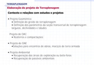 TERRAPLENAGEM
Elaboração do projeto de Terraplenagem
Contexto e relações com estudos e projetos
• Projeto Geométrico
• Definição do greide de terraplenagem
• Definição dos parâmetros da seção transversal de terraplenagem:
larguras, declividades e taludes
Projeto de OAC
• Reaterros e compactações
• Projeto de OAE
•Soluções para encontros de obras, maciços de terra armada
• Projeto Ambiental
• Recuperação das áreas de exploração ou bota-foras
• Recuperação de passivos ambientais
 