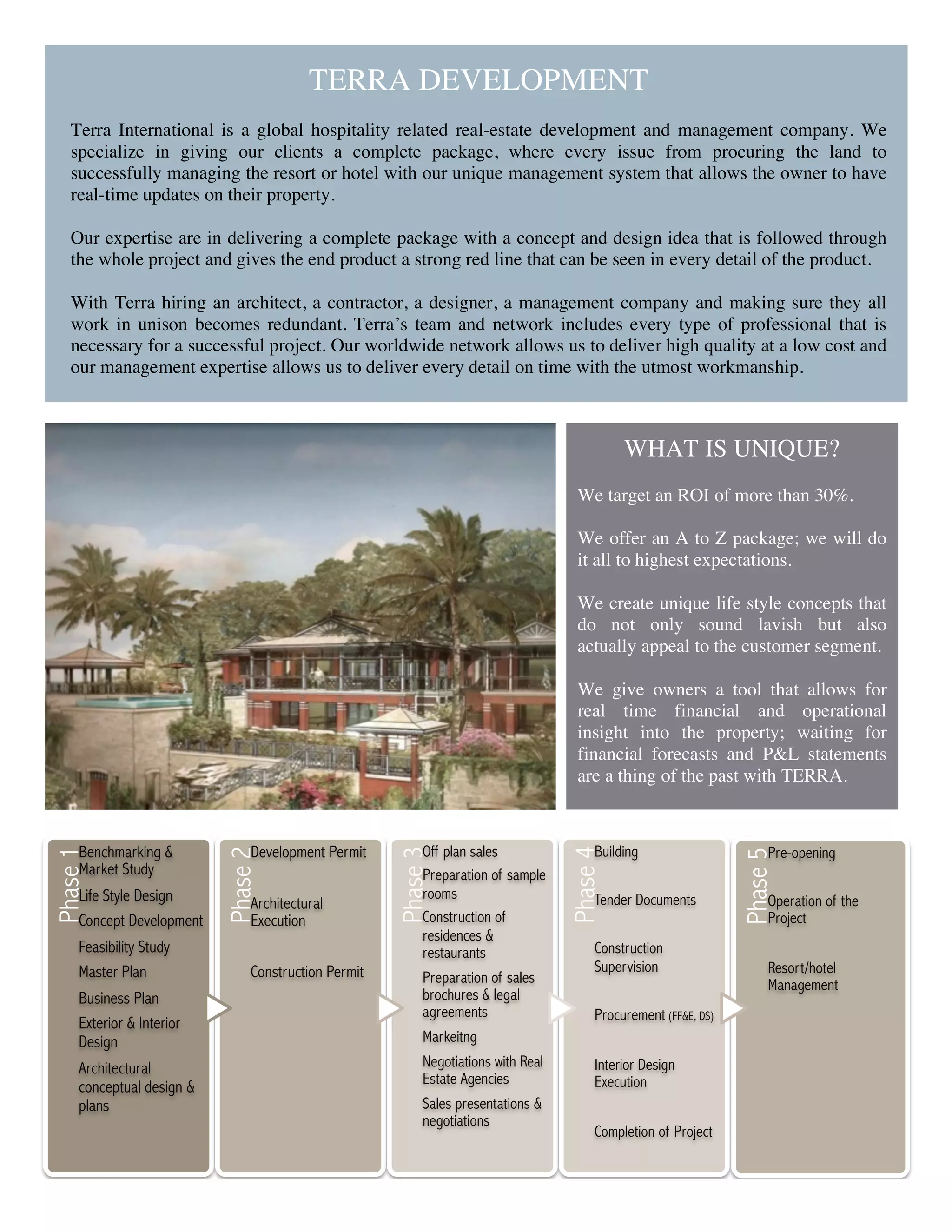 TERRA DEVELOPMENT
   Terra International is a global hospitality related real-estate development and management company. We
   specialize in giving our clients a complete package, where every issue from procuring the land to
   successfully managing the resort or hotel with our unique management system that allows the owner to have
   real-time updates on their property.

   Our expertise are in delivering a complete package with a concept and design idea that is followed through
   the whole project and gives the end product a strong red line that can be seen in every detail of the product.

   With Terra hiring an architect, a contractor, a designer, a management company and making sure they all
   work in unison becomes redundant. Terra’s team and network includes every type of professional that is
   necessary for a successful project. Our worldwide network allows us to deliver high quality at a low cost and
   our management expertise allows us to deliver every detail on time with the utmost workmanship.



                                                                                              WHAT IS UNIQUE?
                                                                                     We target an ROI of more than 30%.

                                                                                     We offer an A to Z package; we will do
                                                                                     it all to highest expectations.

                                                                                     We create unique life style concepts that
                                                                                     do not only sound lavish but also
                                                                                     actually appeal to the customer segment.

                                                                                     We give owners a tool that allows for
                                                                                     real time financial and operational
                                                                                     insight into the property; waiting for
                                                                                     financial forecasts and P&L statements
                                                                                     are a thing of the past with TERRA.



     Benchmarking &             Development Permit         Off plan sales                Building                      Pre-opening
Phase 1




                           Phase 2




                                                      Phase 3




                                                                                    Phase 4




                                                                                                                  Phase 5


     Market Study                                          Preparation of sample
     Life Style Design                                     rooms                         Tender Documents              Operation of the
                                Architectural
     Concept Development        Execution                  Construction of                                             Project
                                                           residences &
     Feasibility Study                                     restaurants                   Construction
     Master Plan                Construction Permit                                      Supervision                   Resort/hotel
                                                           Preparation of sales                                        Management
     Business Plan                                         brochures & legal
                                                           agreements                    Procurement (FF&E, DS)
     Exterior & Interior
     Design                                                Markeitng
     Architectural                                         Negotiations with Real        Interior Design
                                                           Estate Agencies               Execution
     conceptual design &
     plans                                                 Sales presentations &
                                                           negotiations
                                                                                         Completion of Project



                                                                   3
 