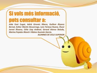 Si vols més informació,
pots consultar a:
Aida Font Cugat, Adrià Gironés Ribera, Guillem Álvarez
Bernal, Esther Martín Descarrega, Lara Tortosa Ruana, Òscar
Jornet Álvarez, Cèlia Llop Ardévol, Gerard Alonso Boluda,
Marina Pujades Blanch i Mateo Guzmán García.
ALUMNES DE CICLE SUPERIOR
 