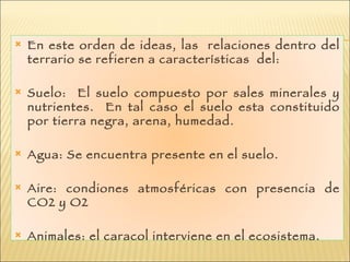 En este orden de ideas, las  relaciones dentro del terrario se refieren a características  del: Suelo:  El suelo compuesto por sales minerales y nutrientes.  En tal caso el suelo esta constituido por tierra negra, arena, humedad. Agua: Se encuentra presente en el suelo. Aire: condiones atmosféricas con presencia de CO2 y O2 Animales: el caracol interviene en el ecosistema. 