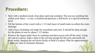 Procedure:
• Start with a medium-sized, clear glass open-top container. You can use anything that
strikes your fancy—a vase, a cleaned-out pasta jar, a fish bowl, or a special terrarium
bowl.
• Fill the bottom of the vessel with a 1 1/2-inch layer of small rocks to collect the water
drainage.
• Add a layer of potting soil made for succulents and cacti. It should be deep enough
for the plants to root to, about 2 1/2 inches.
• Remove the largest plant from its container and dust excess soil off the roots. Using
the end of a spoon, make a hole in the soil big enough for the roots and nestle the
plant inside, tamping the soil down firmly to hold it in place. Plan for approximately
1 plant per inch of container diameter.
 