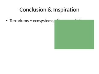 Conclusion & Inspiration
• Terrariums = ecosystems, décor, creativity
 