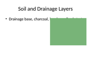 Soil and Drainage Layers
• Drainage base, charcoal, barrier, soil substrate
 
