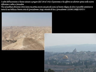 I salmi dell'ascensione ci hanno aiutato a pregare (dal 120 al 134) e il panorama ci ha offerto un ulteriore spinta nella nostra riflessione e salita a Jerusalem. Via sul pullman direzione Città Santa ma prima ancora una piccola sosta sul monte Skopus da dove è possibile ammirare in tutta la sua bellezza l'intera città di Gerusalemme: Sorgi, rivestiti di luce, Gerusalemme: SIAMO ARRIVATI!!!