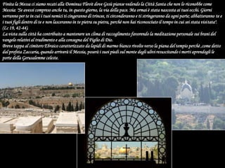 Finita la Messa ci siamo recati alla Dominus Flevit dove Gesù pianse vedendo la Città Santa che non lo riconobbe come Messia: "Se avessi compreso anche tu, in questo giorno, la via della pace. Ma ormai è stata nascosta ai tuoi occhi. Giorni verranno per te in cui i tuoi nemici ti cingeranno di trincee, ti circonderanno e ti stringeranno da ogni parte; abbatteranno te e i tuoi figli dentro di te e non lasceranno in te pietra su pietra, perché non hai riconosciuto il tempo in cui sei stata visitata". (Lc 19, 42-44).La vista sulla città ha contribuito a mantenere un clima di raccoglimento favorendo la meditazione personale sui brani del vangelo relativi al tradimento e alla consegna del Figlio di Dio.Breve tappa al cimitero Ebraico caratterizzato da lapidi di marmo bianco rivolte verso la piana del tempio perchè ,come detto dal profeta Zaccaria, quando arriverà il Messia, poserà i suoi piedi sul monte degli ulivi resuscitando i morti aprendogli le porte della Gerusalemme celeste.