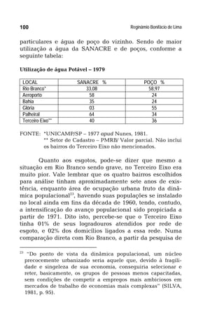 Reginâmio Bonifácio de Lima100
particulares e água de poço do vizinho. Sendo de maior
utilização a água da SANACRE e de poços, conforme a
seguinte tabela:
Utilização de água Potável – 1979
LOCAL SANACRE % POÇO %
Rio Branco* 33,08 58,97
Aeroporto 58 24
Bahia 35 24
Glória 03 55
Palheiral 64 34
Terceiro Eixo** 40 36
FONTE: *UNICAMP/SP – 1977 apud Nunes, 1981.
** Setor de Cadastro – PMRB/ Valor parcial. Não inclui
os bairros do Terceiro Eixo não mencionados.
Quanto aos esgotos, pode-se dizer que mesmo a
situação em Rio Branco sendo grave, no Terceiro Eixo era
muito pior. Vale lembrar que os quatro bairros escolhidos
para análise tinham aproximadamente sete anos de exis-
tência, enquanto área de ocupação urbana fruto da dinâ-
mica populacional23
, havendo suas populações se instalado
no local ainda em fins da década de 1960, tendo, contudo,
a intensificação do avanço populacional sido propiciada a
partir de 1971. Dito isto, percebe-se que o Terceiro Eixo
tinha 01% de seus logradouros atendidos por rede de
esgoto, e 02% dos domicílios ligados a essa rede. Numa
comparação direta com Rio Branco, a partir da pesquisa de
23
“Do ponto de vista da dinâmica populacional, um núcleo
precocemente urbanizado seria aquele que, devido à fragili-
dade e singeleza de sua economia, conseguiria selecionar e
reter, basicamente, os grupos de pessoas menos capacitadas,
sem condições de competir a empregos mais ambiciosos em
mercados de trabalho de economias mais complexas” (SILVA,
1981, p. 95).
 