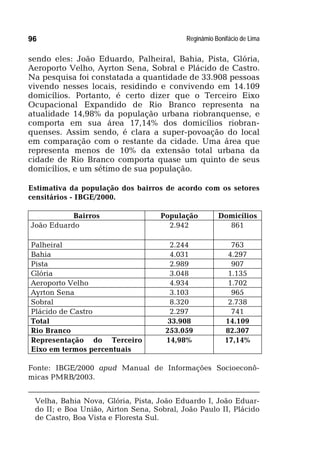 Reginâmio Bonifácio de Lima96
sendo eles: João Eduardo, Palheiral, Bahia, Pista, Glória,
Aeroporto Velho, Ayrton Sena, Sobral e Plácido de Castro.
Na pesquisa foi constatada a quantidade de 33.908 pessoas
vivendo nesses locais, residindo e convivendo em 14.109
domicílios. Portanto, é certo dizer que o Terceiro Eixo
Ocupacional Expandido de Rio Branco representa na
atualidade 14,98% da população urbana riobranquense, e
comporta em sua área 17,14% dos domicílios riobran-
quenses. Assim sendo, é clara a super-povoação do local
em comparação com o restante da cidade. Uma área que
representa menos de 10% da extensão total urbana da
cidade de Rio Branco comporta quase um quinto de seus
domicílios, e um sétimo de sua população.
Estimativa da população dos bairros de acordo com os setores
censitários - IBGE/2000.
Bairros População Domicílios
João Eduardo 2.942 861
Palheiral 2.244 763
Bahia 4.031 4.297
Pista 2.989 907
Glória 3.048 1.135
Aeroporto Velho 4.934 1.702
Ayrton Sena 3.103 965
Sobral 8.320 2.738
Plácido de Castro 2.297 741
Total 33.908 14.109
Rio Branco 253.059 82.307
Representação do Terceiro
Eixo em termos percentuais
14,98% 17,14%
Fonte: IBGE/2000 apud Manual de Informações Socioeconô-
micas PMRB/2003.
Velha, Bahia Nova, Glória, Pista, João Eduardo I, João Eduar-
do II; e Boa União, Airton Sena, Sobral, João Paulo II, Plácido
de Castro, Boa Vista e Floresta Sul.
 