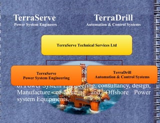 TerraServe   TerraDrill     Power System Engineers   Automation & Control Systems TerraServe  is founded in 2006 and Incorporated in Singapore engaged in niche areas of Power System Engineering, consultancy, design, Manufacture of Marine and Offshore Power system Equipments. TerraServe   Technical Services Ltd TerraDrill Automation & Control Systems TerraServe Power System Engineering 