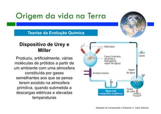 Origem da vida na Terra
Adaptado de Compreender o Ambiente 8, Areal Editores
Teorias da Evolução Química
Dispositivo de Urey e
Miller
Produziu, artificialmente, várias
moléculas de prótidos a partir de
um ambiente com uma atmosfera
constituída por gases
semelhantes aos que se pensa
terem existido na atmosfera
primitiva, quando submetida a
descargas elétricas e elevadas
temperaturas
 