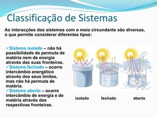 Classificação de Sistemas
Sistema isolado – não há
possibilidade de permuta de
matéria nem de energia
através das suas fronteiras.
Sistema fechado – ocorre
intercâmbio energético
através dos seus limites,
mas não há permuta de
matéria.
Sistema aberto – ocorre
intercâmbio de energia e de
matéria através das
respectivas fronteiras.
As interacções dos sistemas com o meio circundante são diversas,
o que permite considerar diferentes tipos:
isolado fechado aberto
 