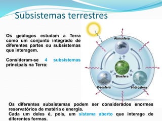 Subsistemas terrestres
Atmosfera
Biosfera
Geosfera Hidrosfera
Os geólogos estudam a Terra
como um conjunto integrado de
diferentes partes ou subsistemas
que interagem.
Consideram-se 4 subsistemas
principais na Terra:
Os diferentes subsistemas podem ser considerados enormes
reservatórios de matéria e energia.
Cada um deles é, pois, um sistema aberto que interage de
diferentes formas.
 