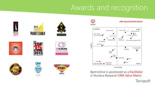 Awards and recognition 
Bpm’onlineis positioned as a Facilitatorin Nucleus Research CRM Value Matrix  