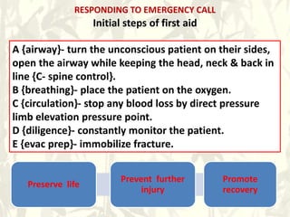 RESPONDING TO EMERGENCY CALL
Initial steps of first aid
Preserve life
Prevent further
injury
Promote
recovery
A {airway}- turn the unconscious patient on their sides,
open the airway while keeping the head, neck & back in
line {C- spine control}.
B {breathing}- place the patient on the oxygen.
C {circulation}- stop any blood loss by direct pressure
limb elevation pressure point.
D {diligence}- constantly monitor the patient.
E {evac prep}- immobilize fracture.
 