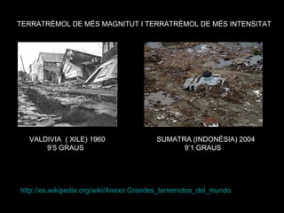 TERRATRÈMOL DE MÉS MAGNITUT I TERRATRÈMOL DE MÉS INTENSITAT




  VALDIVIA ( XILE) 1960                 SUMATRA (INDONÈSIA) 2004
      9’5 GRAUS                               9’1 GRAUS




http://es.wikipedia.org/wiki/Anexo:Grandes_terremotos_del_mundo
 