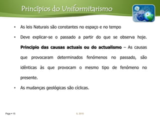 Princípios do Uniformitarismo

       •    As leis Naturais são constantes no espaço e no tempo

       •    Deve explicar-se o passado a partir do que se observa hoje.

            Principio das causas actuais ou do actualismo – As causas

            que provocaram determinados fenómenos no passado, são

            idênticas às que provocam o mesmo tipo de fenómeno no

            presente.

       •    As mudanças geológicas são cíclicas.




Page  15                                IL 2010
 