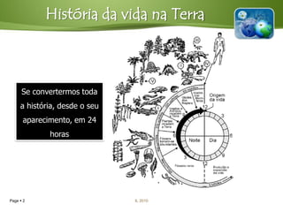 História da vida na Terra



      Se convertermos toda
     a história, desde o seu
      aparecimento, em 24
             horas




Page  2                       IL 2010
 