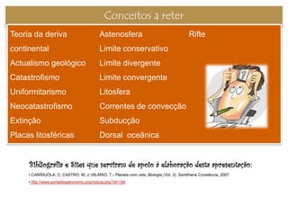 Conceitos a reter
Teoria da deriva                           Astenosfera                                    Rifte
continental                                Limite conservativo
Actualismo geológico                       Limite divergente
Catastrofismo                              Limite convergente
Uniformitarismo                            Litosfera
Neocatastrofismo                           Correntes de convecção
Extinção                                   Subducção
Placas litosféricas                        Dorsal oceânica


     Bibliografia e Sites que serviram de apoio à elaboração desta apresentação:
     • CARRAJOLA, C; CASTRO, M, J; HILÁRIO, T.- Planeta com vida, Biologia (Vol. 2). Santilhana Constância, 2007.
     • http://www.portaldoastronomo.org/noticia.php?id=194




                                                               IL 2010
 