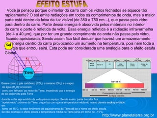 / .  Você já pensou porque o interior do carro com os vidros fechados se aquece tão  rapidamente? O sol emite radiações em todos os comprimentos de onda, mas a maior parte está dentro da faixa da luz visível (de 380 a 750 nm –), que passa pelo vidro para dentro do carro. Parte dessa energia é absorvida pelos materiais no interior  do carro e parte é refletida de volta. Essa energia refletida é a radiação infravermelha (de 4 a 40 µm), que por ter um grande comprimento de onda não passa pelo vidro, ficando aprisionada. Sendo assim fica fácil deduzir que haverá um armazenamento de energia dentro do carro provocando um aumento na temperatura, pois nem toda a  energia que entrou sairá. Esta pode ser considerada uma analogia para o efeito estufa  Global. Gases como o gás carbônico (CO 2 ), o metano (CH 4 ) e o vapor de água (H 2 O) funcionam como um ‘telhado’ ao redor da Terra, impedindo que a energia  do sol absorvida pela Terra  durante o dia seja emitida de volta para o espaço. Sendo assim, parte do calor fica  “ aprisionado” próximo da Terra, o que faz com que a temperatura média do nosso planeta seja em torno de 15°C. A esse fenômeno de aquecimento da Terra dá-se o nome de efeito estufa.  Se não existisse o efeito estufa a temperatura média na Terra seria em torno de –15°C.  A gravidade  EFEITO ESTUFA http://www.planetaterra.org.br 
