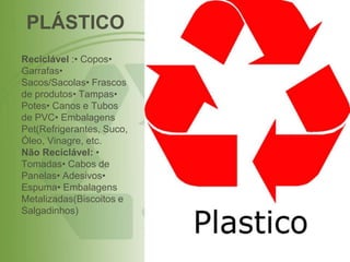 PLÁSTICO
Reciclável :• Copos•
Garrafas•
Sacos/Sacolas• Frascos
de produtos• Tampas•
Potes• Canos e Tubos
de PVC• Embalagens
Pet(Refrigerantes, Suco,
Óleo, Vinagre, etc.
Não Reciclável: •
Tomadas• Cabos de
Panelas• Adesivos•
Espuma• Embalagens
Metalizadas(Biscoitos e
Salgadinhos)
 