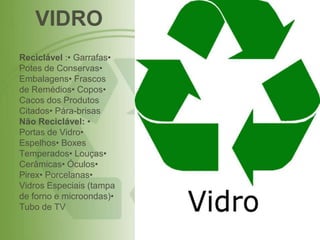 VIDRO
Reciclável :• Garrafas•
Potes de Conservas•
Embalagens• Frascos
de Remédios• Copos•
Cacos dos Produtos
Citados• Pára-brisas
Não Reciclável: •
Portas de Vidro•
Espelhos• Boxes
Temperados• Louças•
Cerâmicas• Óculos•
Pirex• Porcelanas•
Vidros Especiais (tampa
de forno e microondas)•
Tubo de TV
 