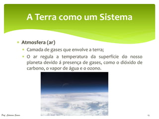 A Terra como um Sistema

                  Atmosfera (ar)
                         Camada de gases que envolve a terra;
                         O ar regula a temperatura da superfície do nosso
                          planeta devido á presença de gases, como o dióxido de
                          carbono, o vapor de água e o ozono.




Prof. Catarina Soares                                                             19
 