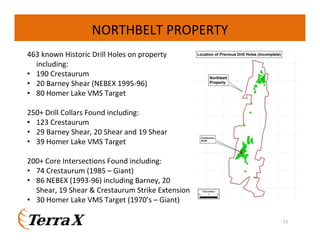 NORTHBELT PROPERTY
463 known Historic Drill Holes on property
including:
• 190 Crestaurum
• 20 Barney Shear (NEBEX 1995-96)
• 80 Homer Lake VMS Target
250+ Drill Collars Found including:
• 123 Crestaurum
• 29 Barney Shear, 20 Shear and 19 Shear
• 39 Homer Lake VMS Target
200+ Core Intersections Found including:
• 74 Crestaurum (1985 – Giant)
• 86 NEBEX (1993-96) including Barney, 20
Shear, 19 Shear & Crestaurum Strike Extension
• 30 Homer Lake VMS Target (1970’s – Giant)
11

 