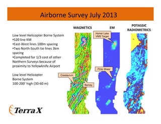 Airborne Survey July 2013
MAGNETICS

EM

POTASSIC
RADIOMETRICS

Homer Lake
VMS Target

Low level Helicopter Borne System
•520 line KM
•East-West lines 100m spacing
•Two North-South tie lines 3km
spacing
•Completed for 1/3 cost of other
Northern Surveys because of
proximity to Yellowknife Airport

Pinto Shear

Low level Helicopter
Borne System
100-200’ high (30-60 m)

Crestaurum

Barney

14

 