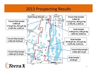 2013 Prospecting Results
Trench Chip Sample
5.00m @
1.54 g/t Au, 95.5 g/t Ag
3.13% Pb, 1.59% Zn

Trench Chip Sample
1.40m @ 16.85 g/t

Trench Chip Sample
3.00m @ 15.24 g/t

Trench Chip Sample
5.00m @
1.31 g/t Au, 38.4 g/t Ag
2.74% Pb, 2.42% Zn
Grab Sample
0.60 g/t Au, 529 g/t Ag
+20% Pb, 9.44% Zn
Grab Sample
49.30 g/t Au, 55.2 g/t Ag
4.37% Pb, 2.01% Zn
Trench Chip Sample
2.00m @7.15 g/t
Grab Sample
12.85 g/t

16

 