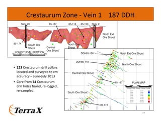 Crestaurum Zone - Vein 1 187 DDH
Slide 20

85-187

85-118

85-150

Slide 21

North Ext
Ore Shoot
85-174

0m

South Ore
Shoot

Central
Ore Shoot

LONGITUDAL SECTION
100m
200m
400m

North Ore
Shoot
DDH85-150

North Ext Ore Shoot

DDH85-118

North Ore Shoot

• 123 Crestaurum drill collars
located and surveyed to cm
accuracy – June-July 2013
• Core from 74 Crestaurum
drill holes found, re-logged,
re-sampled

Central Ore Shoot

85-187

PLAN MAP
0m

100m

200m

400m

South Ore Shoot

85-174
19

 