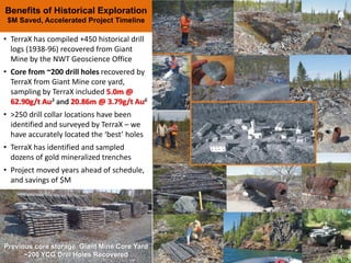 Benefits of Historical Exploration
$M Saved, Accelerated Project Timeline
Previous core storage Giant Mine Core Yard
~200 YCG Drill Holes Recovered
• TerraX has compiled +450 historical drill 
logs (1938‐96) recovered from Giant 
Mine by the NWT Geoscience Office
• Core from ~200 drill holes recovered by 
TerraX from Giant Mine core yard, 
sampling by TerraX included 5.0m @ 
62.90g/t Au3 and 20.86m @ 3.79g/t Au6
• >250 drill collar locations have been 
identified and surveyed by TerraX – we 
have accurately located the ‘best’ holes
• TerraX has identified and sampled 
dozens of gold mineralized trenches 
• Project moved years ahead of schedule, 
and savings of $M
10
 