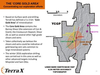 THE ‘CORE GOLD AREA’
Concentrating our exploration efforts
• Based on Surface work and drilling 
TerraX has defined a 5 x 3 km  ‘Core 
Gold Area’ of mineralization
• The Core Gold Area contains the 
Barney Shear (the extension of Con & 
Giant); the Crestaurum Deposit; Shear 
20; as well as several other high grade 
shears and veins
• Taken collectively we believe the 
shears and veins could be indicative of 
gold‐bearing vein sets common to 
large mineralized systems
• The winter 2016 exploration drilling 
was carried out in this area as well as 
other advanced targets including 
Mispickel and Sam Otto.
0 2.5 5
kilometers
Hebert-Brent
11
SAM OTTO
MISPICKEL
 