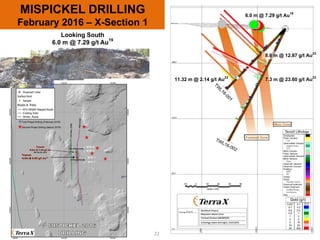 MISPICKEL DRILLING
February 2016 – X-Section 1
22
Looking South
6.0 m @ 7.29 g/t Au
19
6.0 m @ 7.29 g/t Au
19
8.6 m @ 12.87 g/t Au
23
7.3 m @ 23.60 g/t Au
23
11.32 m @ 2.14 g/t Au
23
19
First Phase Drilling (February 2016)
Second Phase Drilling (March 2016)
 