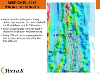 MISPICKEL 2016
MAGNETIC SURVEY
24
• Winter 2016 Ground Magnetic Survey 
defined high magnetic trend associated with 
the Mispickel gold zone for 5 kilometers
• Survey was completed in time to assist in 
location of 2nd phase of Mispickel drilling
• Spring 2016 will see survey completed on 
land sections, with coverage of the Sam 
Otto gold zone
MISPICKEL
SAM OTTO
0 1 2
kilometers
 