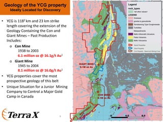 Geology of the YCG property
Ideally Located for Discovery
• YCG is 1182 km and 23 km strike 
length covering the extension of the 
Geology Containing the Con and 
Giant Mines – Past Production 
Includes:
o Con Mine 
1938 to 2003
6.1 million oz @ 16.1g/t Au1
o Giant Mine
1945 to 2004  
8.1 million oz @ 16.0g/t Au1
• YCG properties cover the most 
prospective geology of this belt
• Unique Situation for a Junior  Mining 
Company to Control a Major Gold 
Camp in Canada
0 4.0 8.09
 