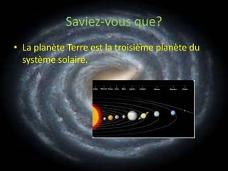 Saviez-vous que?La planète Terre est la troisième planète du système solaire.